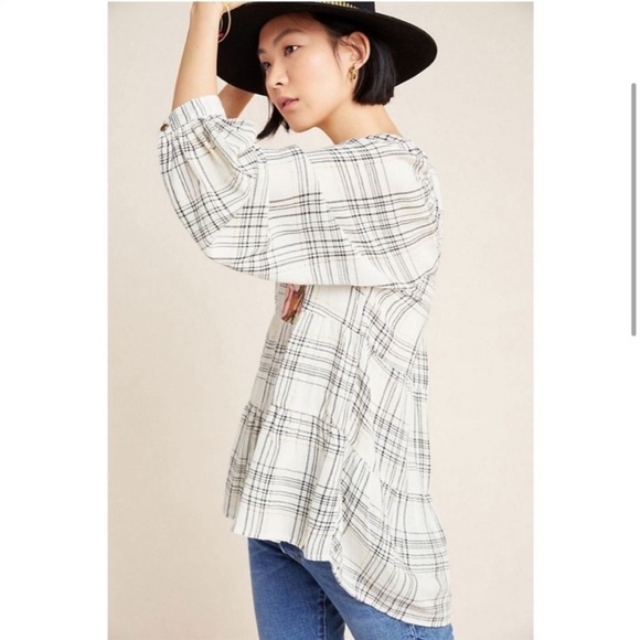 Anthro Darlene Metallic Floral Plaid Peasant Split Neck Linen Blend Tunic NWOT - Picture 12 of 14